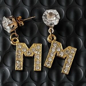 Gold Crystal Initial Earrings M